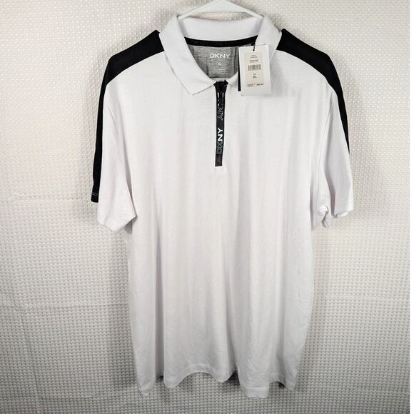 DKNY Men’s XL Polo Shirt White Black Zip Placket Cotton Blend NWT Short Sleeve - Picture 1 of 7